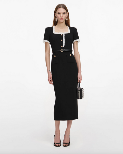 Black Crepe Contrast Frill Midi Dress