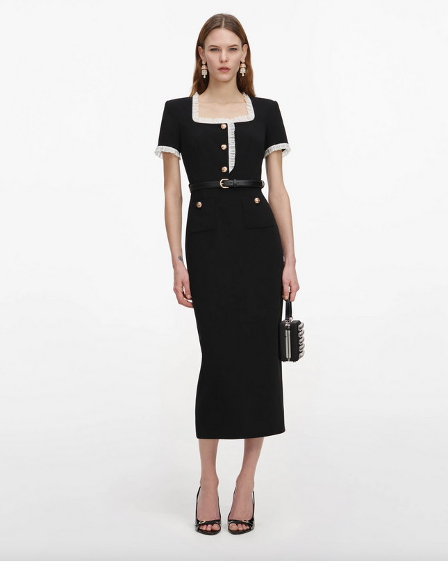 Black Crepe Contrast Frill Midi Dress