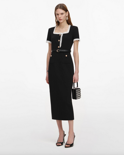 Black Crepe Contrast Frill Midi Dress