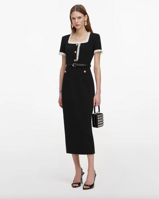 Black Crepe Contrast Frill Midi Dress