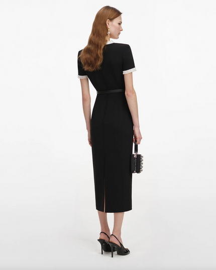 Black Crepe Contrast Frill Midi Dress