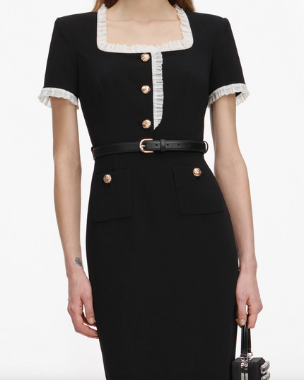 Black Crepe Contrast Frill Midi Dress