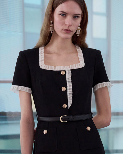 Black Crepe Contrast Frill Midi Dress
