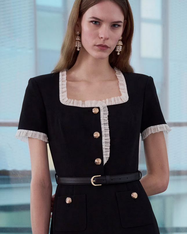Black Crepe Contrast Frill Midi Dress