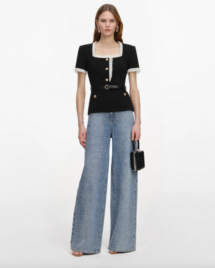 Black Crepe Contrast Frill Top