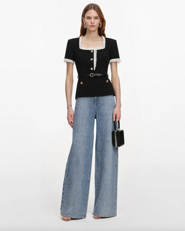 Black Crepe Contrast Frill Top