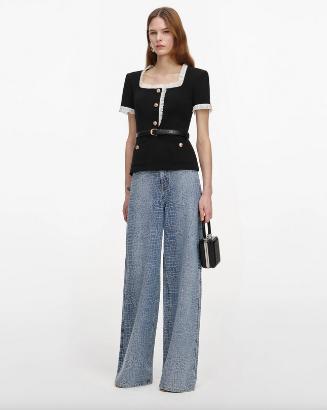 Black Crepe Contrast Frill Top