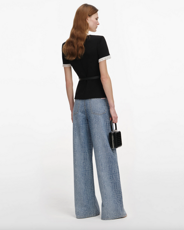 Black Crepe Contrast Frill Top