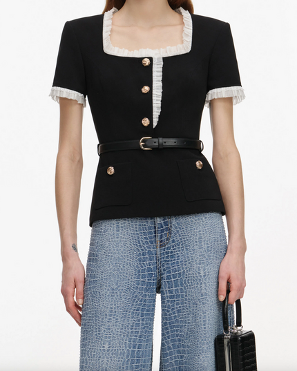 Black Crepe Contrast Frill Top