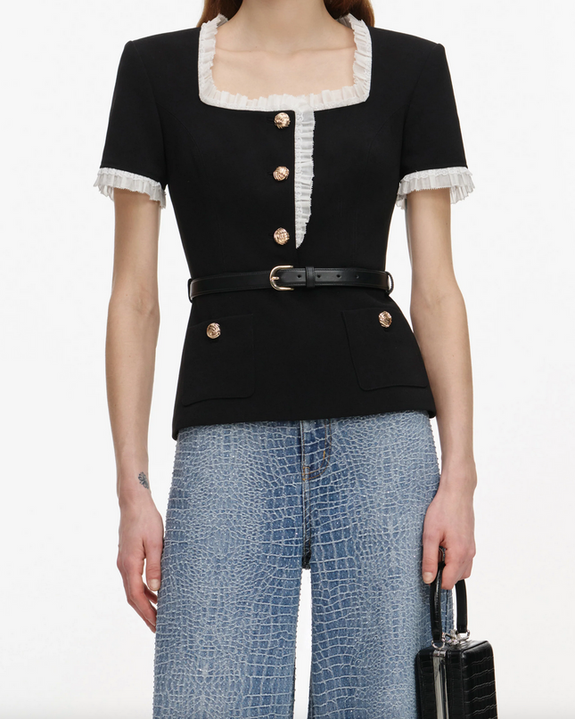 Black Crepe Contrast Frill Top