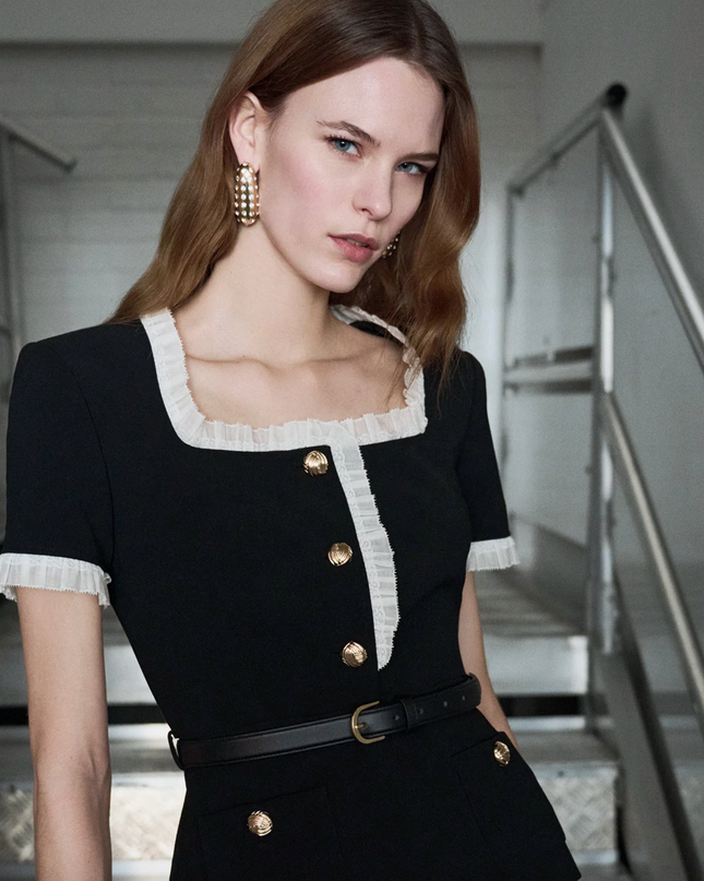 Black Crepe Contrast Frill Top