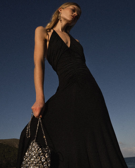 Black Jersey Gathered Maxi Dress