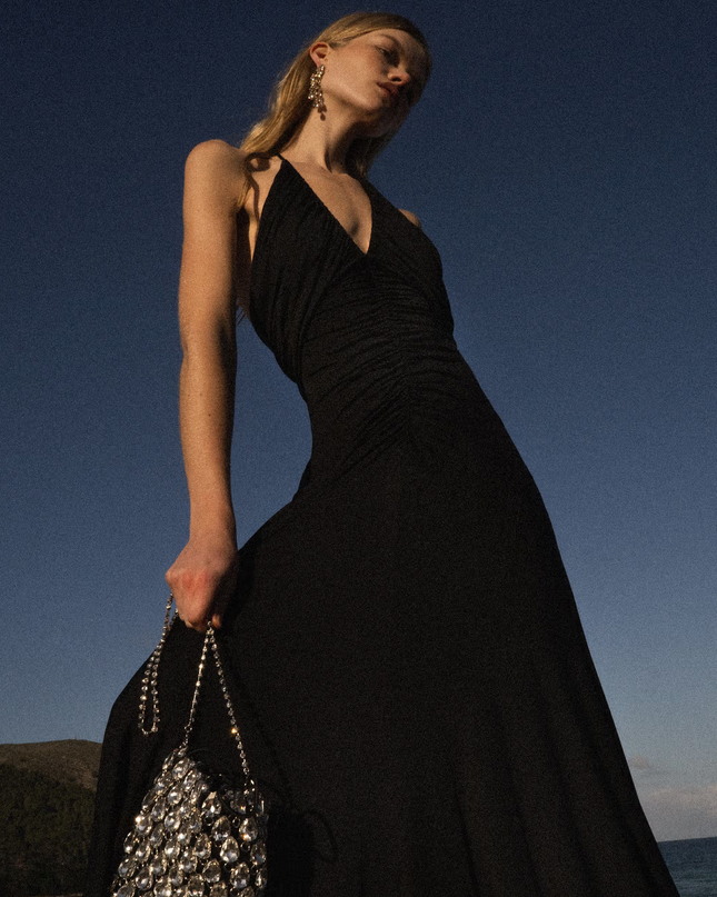 Black Jersey Gathered Maxi Dress