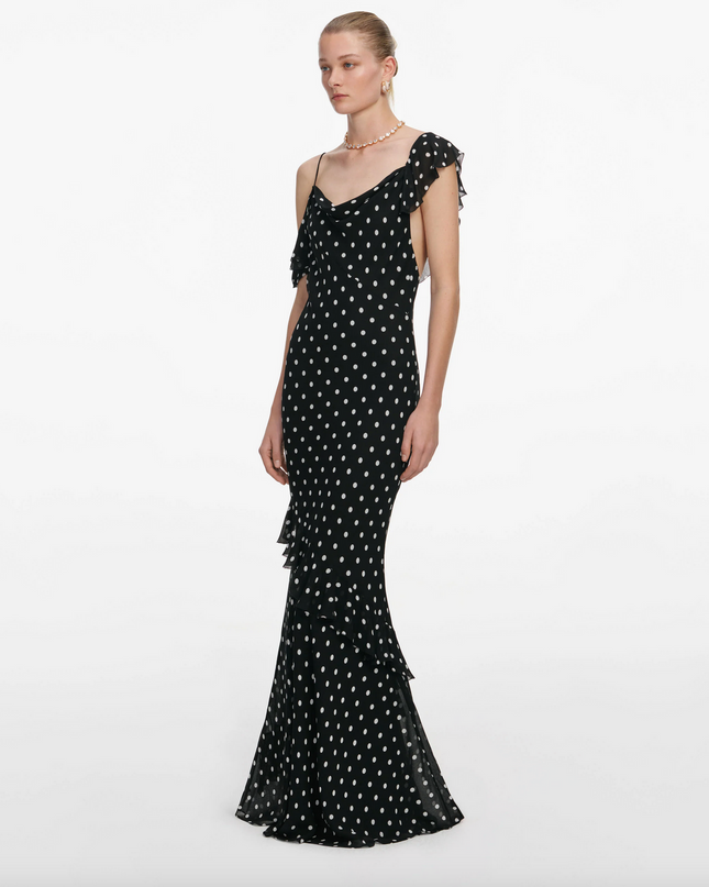 Black Polka Dot Georgette Maxi Dress