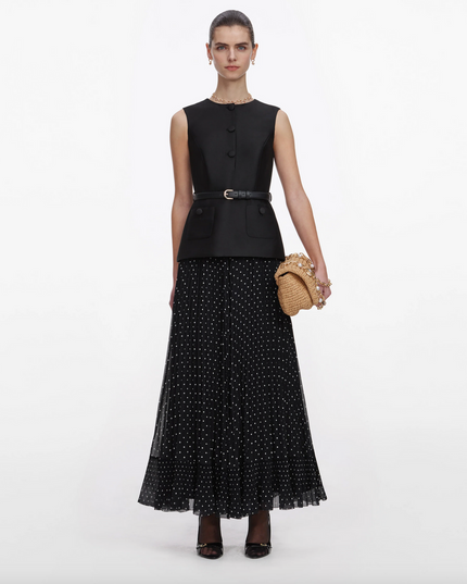 Black Taffeta Polka Dot Midi Dress