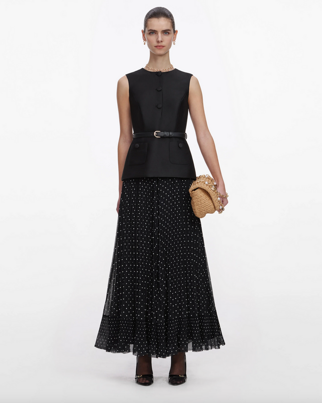 Black Taffeta Polka Dot Midi Dress