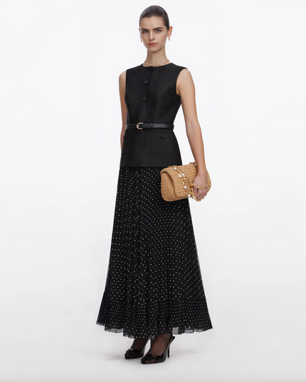 Black Taffeta Polka Dot Midi Dress