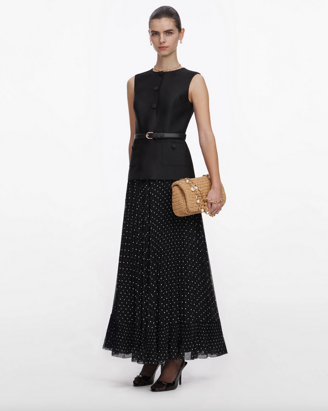Black Taffeta Polka Dot Midi Dress