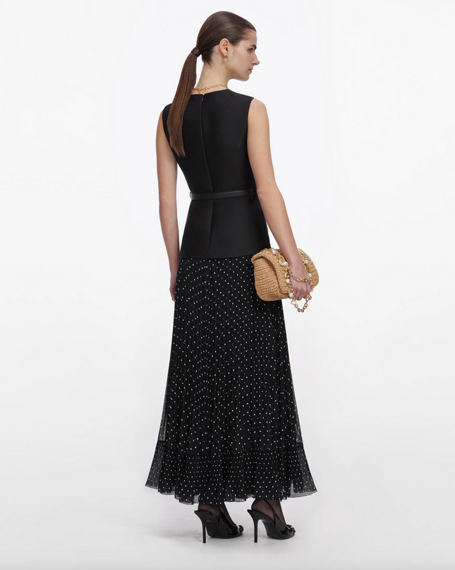 Black Taffeta Polka Dot Midi Dress