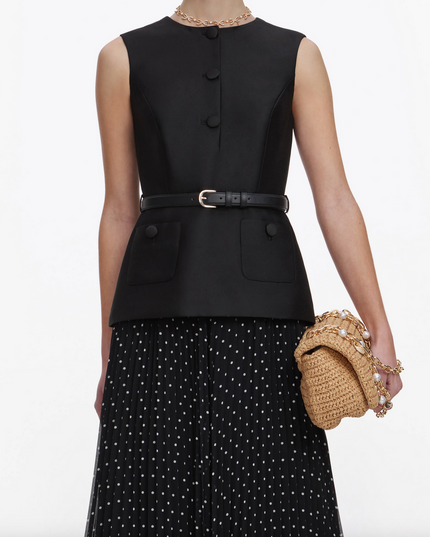 Black Taffeta Polka Dot Midi Dress