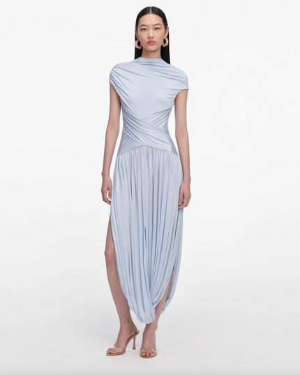 Blue Jersey Gathered Midi Dress