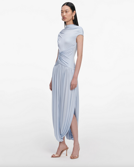 Blue Jersey Gathered Midi Dress