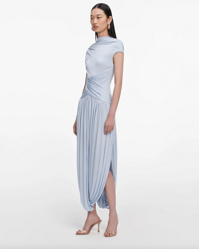 Blue Jersey Gathered Midi Dress