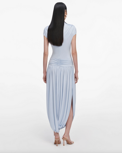 Blue Jersey Gathered Midi Dress