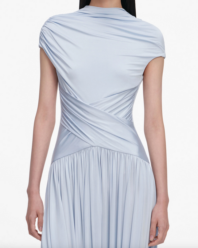 Blue Jersey Gathered Midi Dress