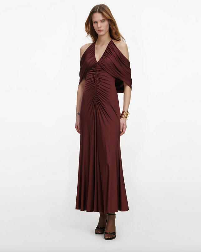 Brown Jersey Drape Midi Dress