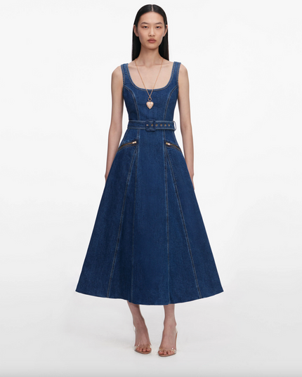 Denim Flared Belted Midi Dress