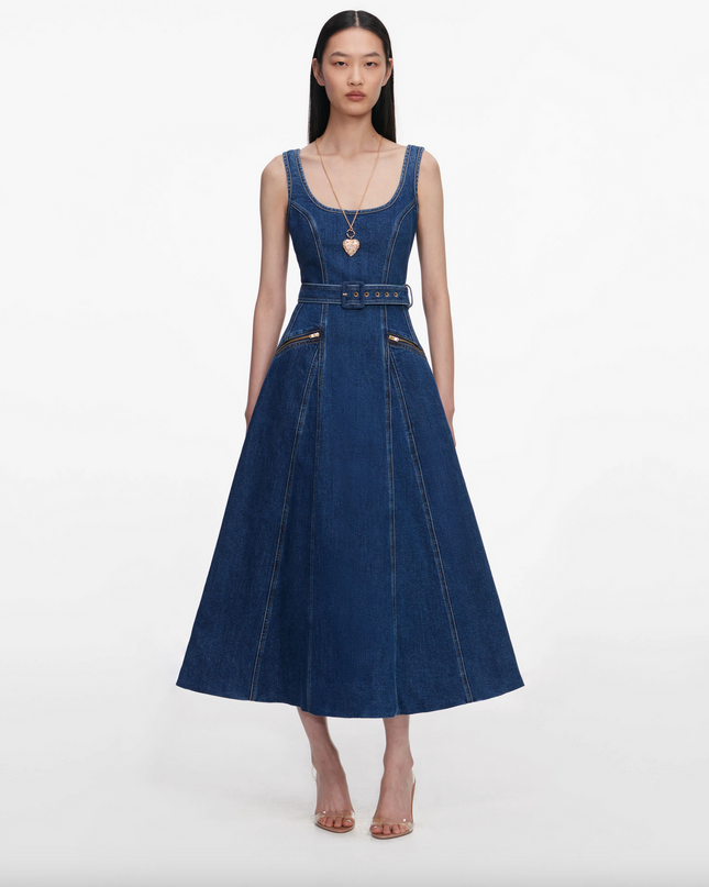 Denim Flared Belted Midi Dress