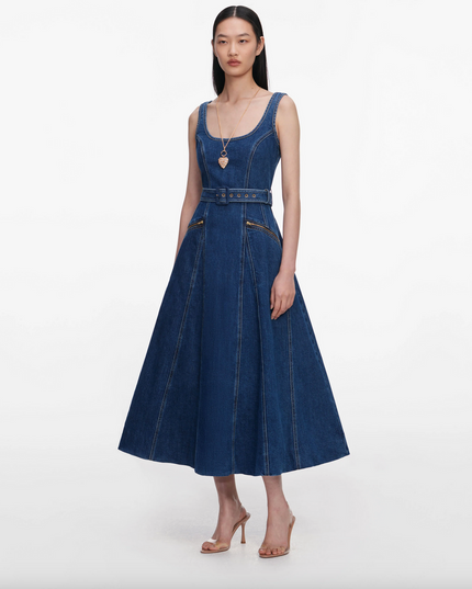Denim Flared Belted Midi Dress