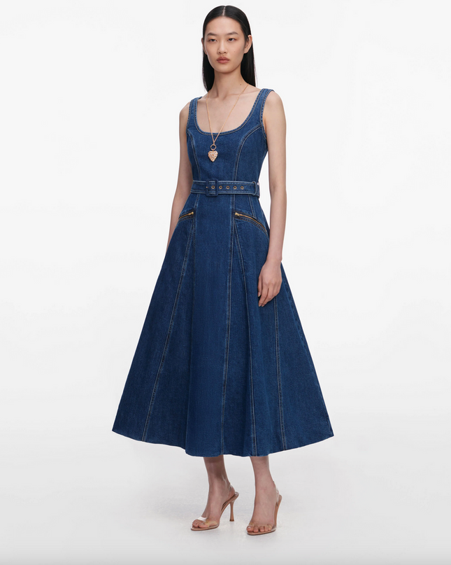 Denim Flared Belted Midi Dress