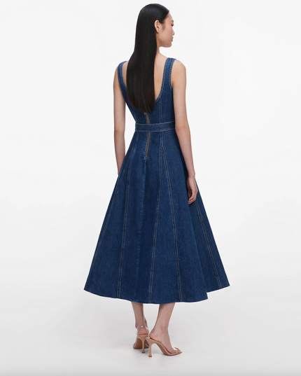 Denim Flared Belted Midi Dress