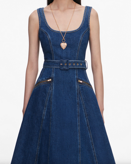 Denim Flared Belted Midi Dress