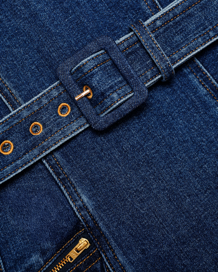Denim Flared Belted Midi Dress