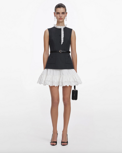 Grey Tailored Cotton Frill Mini Dress
