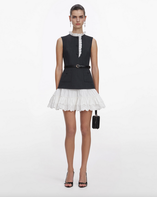 Grey Tailored Cotton Frill Mini Dress