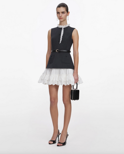 Grey Tailored Cotton Frill Mini Dress