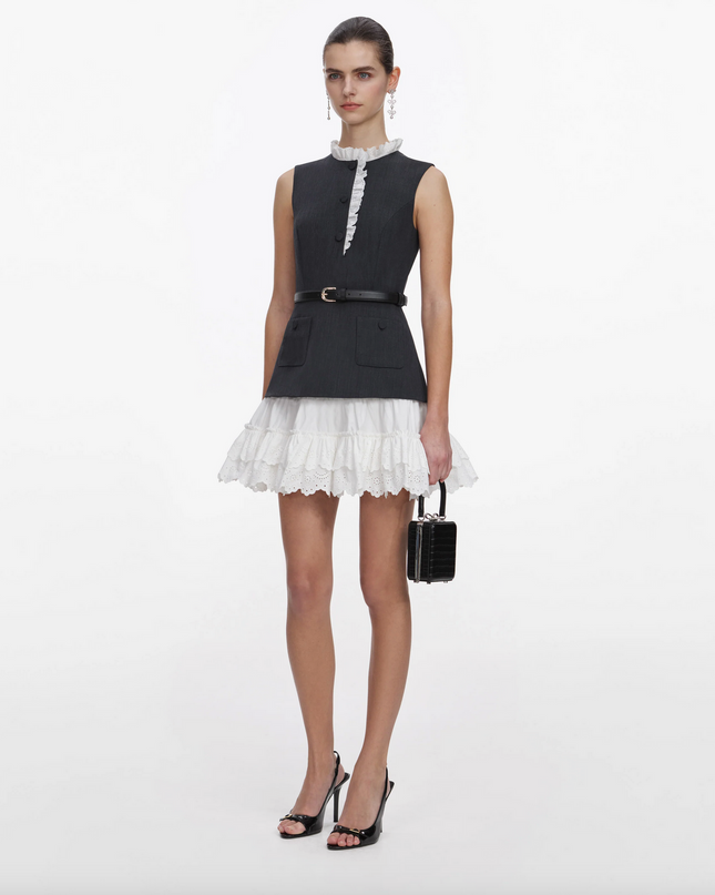 Grey Tailored Cotton Frill Mini Dress