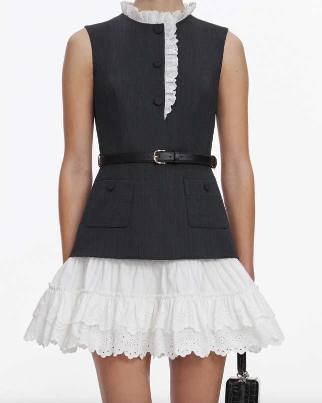 Grey Tailored Cotton Frill Mini Dress