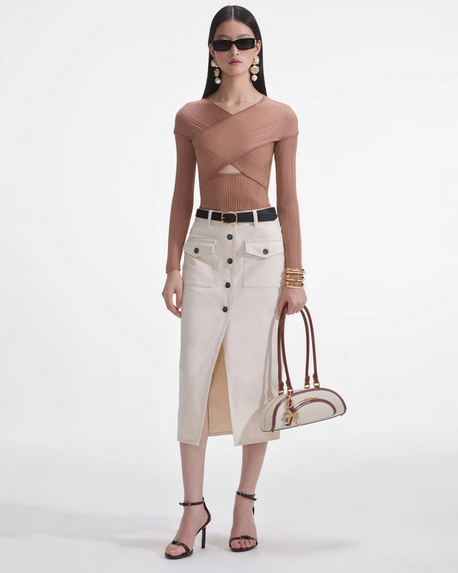 Beige Ribbed Knit Wrap Top