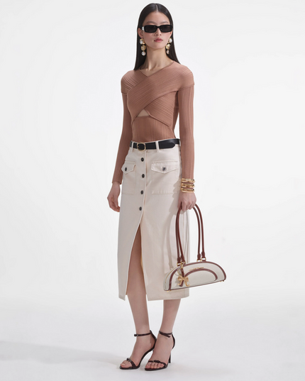 Beige Ribbed Knit Wrap Top