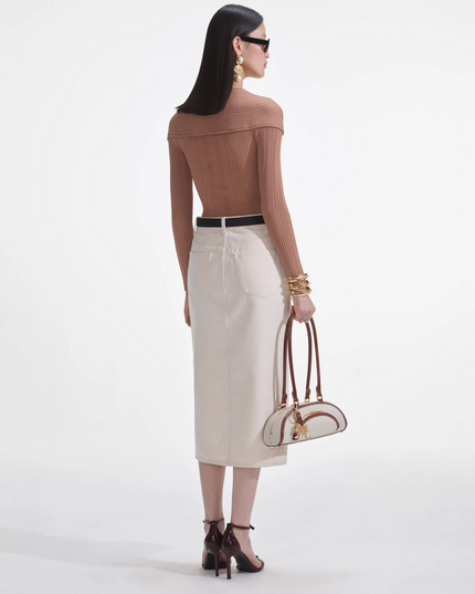 Beige Ribbed Knit Wrap Top