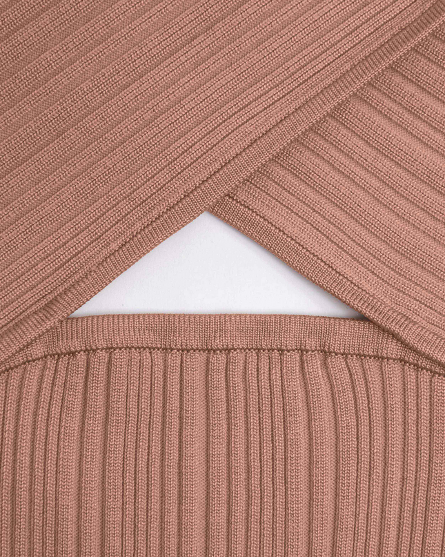 Beige Ribbed Knit Wrap Top
