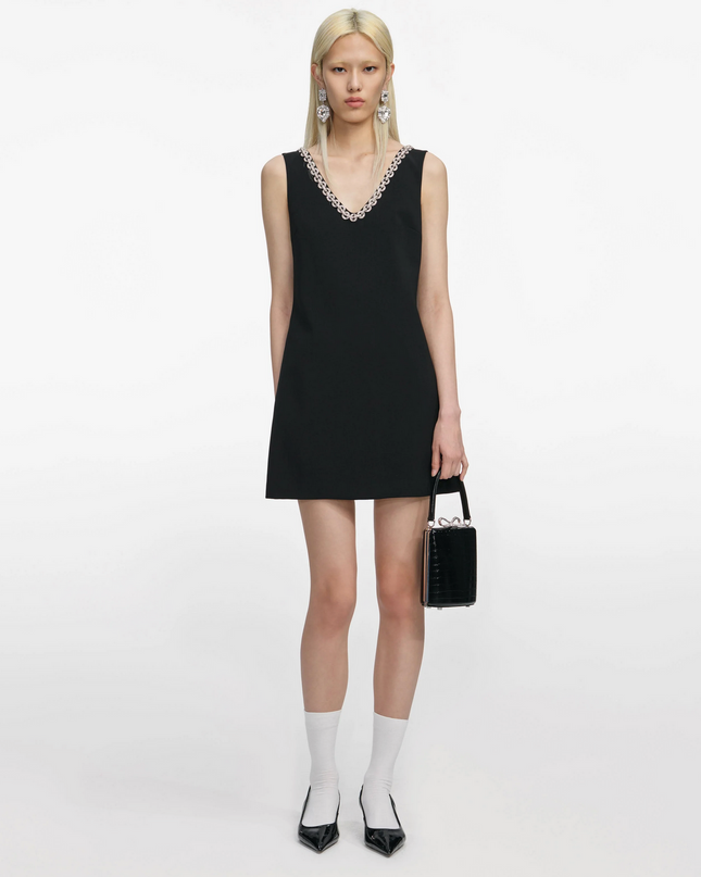 Black Crepe Crystal Trim Mini Dress