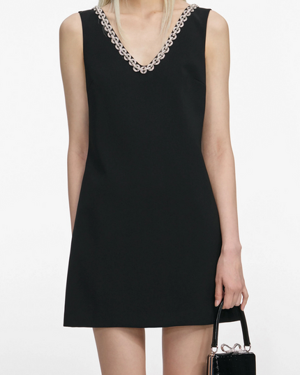 Black Crepe Crystal Trim Mini Dress