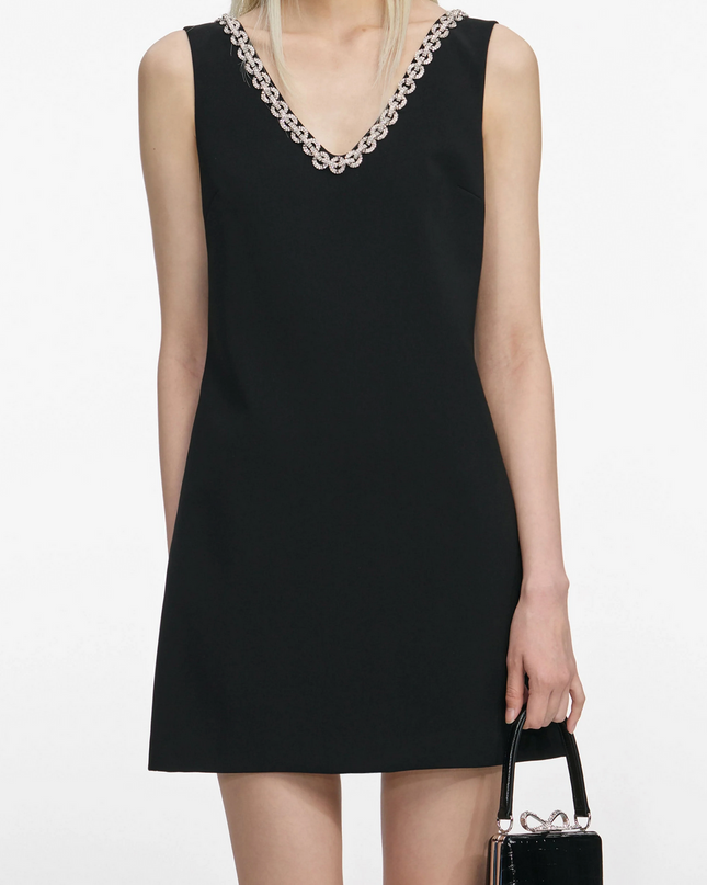 Black Crepe Crystal Trim Mini Dress