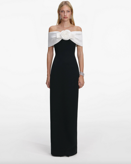 Black Crepe Flower Maxi Dress
